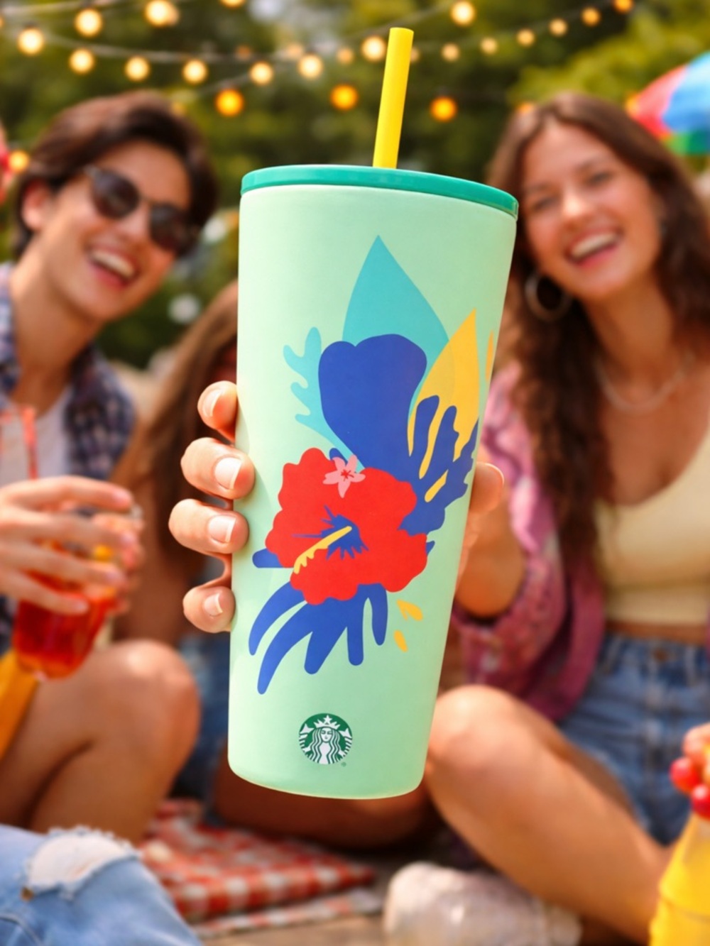 Starbucks Green Tumbler with Red and Blue Floral Design 24 Oz.